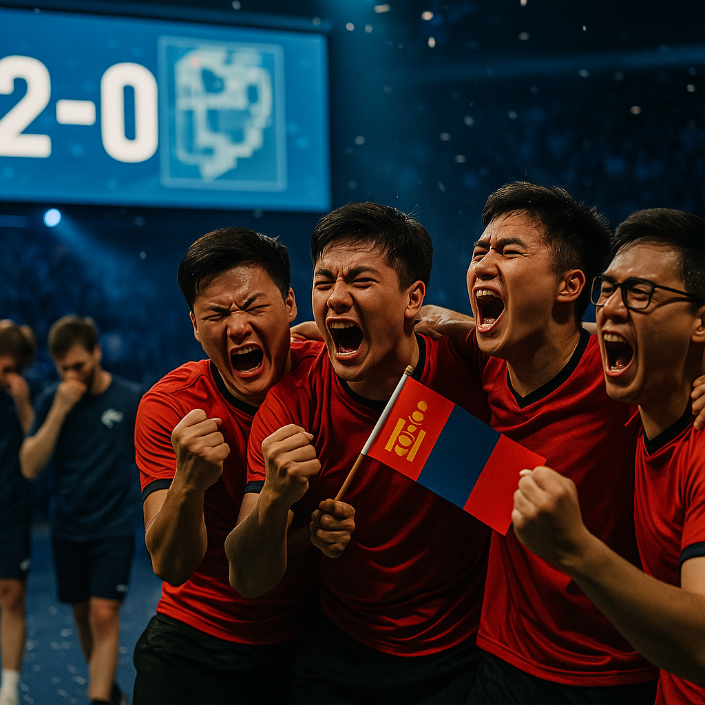 Foto editorial de CS2: a The MongolZ comemora em huddle com uma bandeira da
