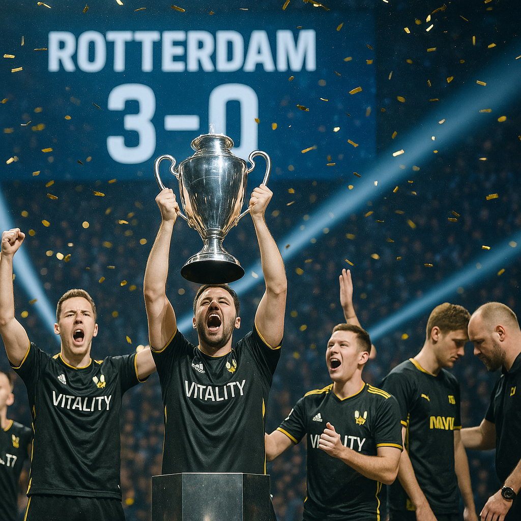 Team Vitality lift the trophy on the Rotterdam stage after a 3–0 win over