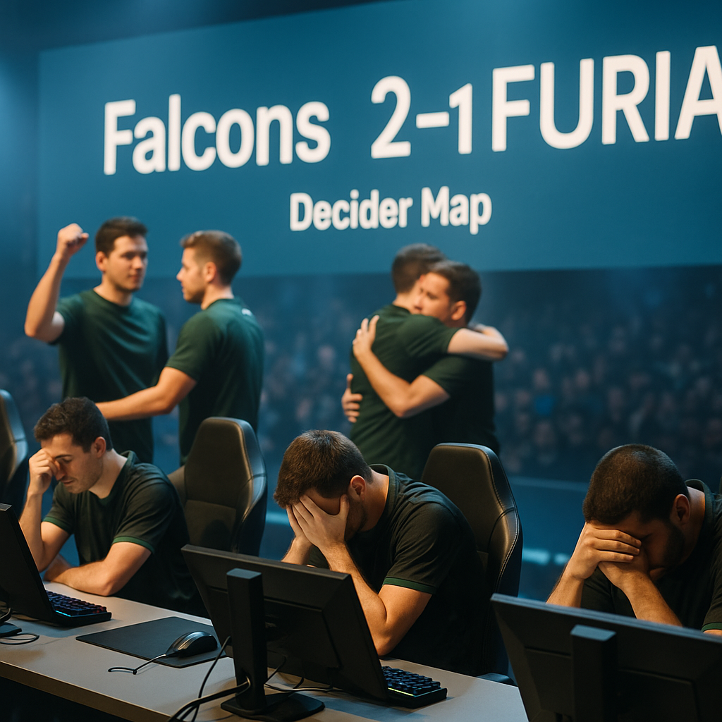 Foto editorial de palco de CS2 após série acirrada: telão ao fundo com texto